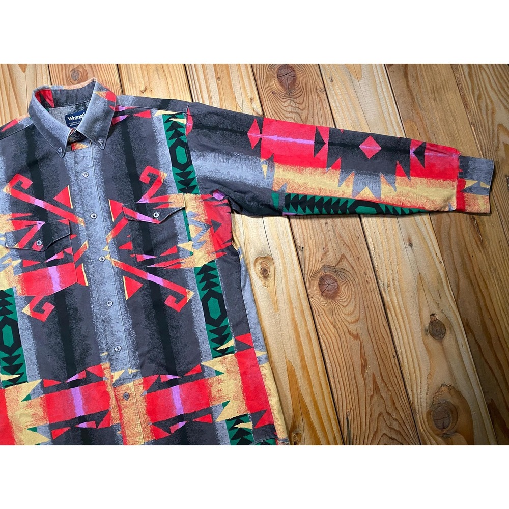 Vintage 90s Wrangler Cowboy Cut Aztec Western Shirt - USA Made X-Long Tails - Picture 7 of 9